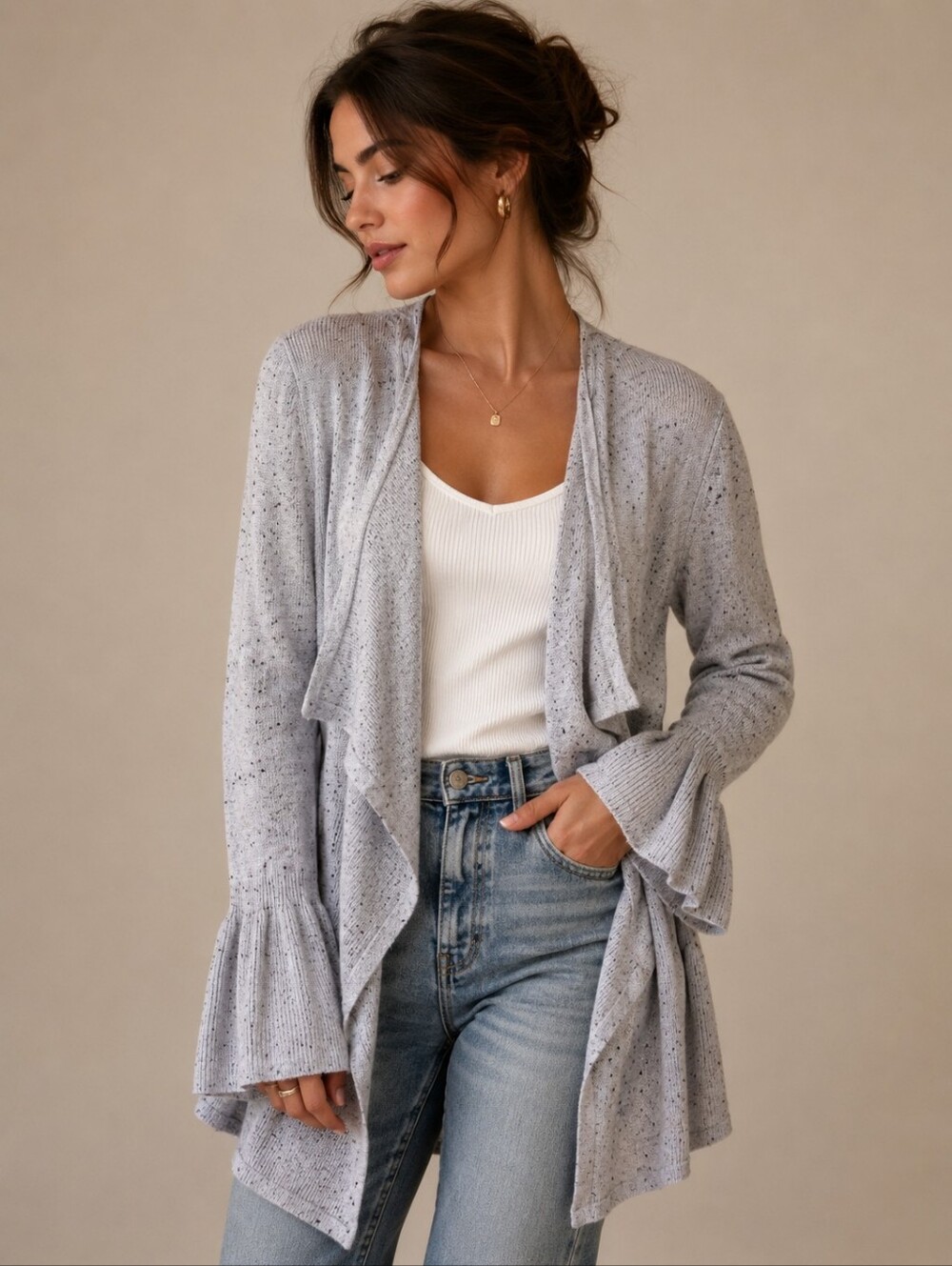 Style & Co | Light Gray Ruffle-Sleeve Sweater Cardigan, Size S
